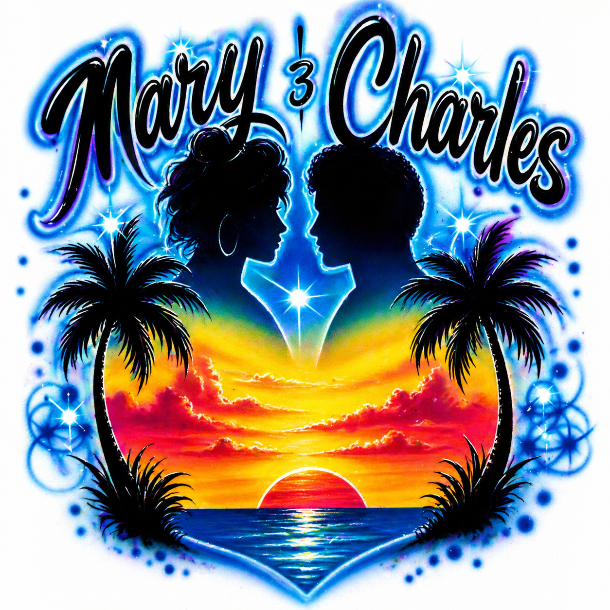 Couples Sunset Island Airbrush DTF T-Shirt - Custom Names | Festival Anniversary Gift
