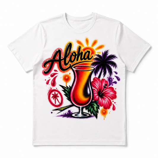 Aloha Tropical Airbrush DTF T-Shirt - Hawaii Beach Summer Festival Shirt