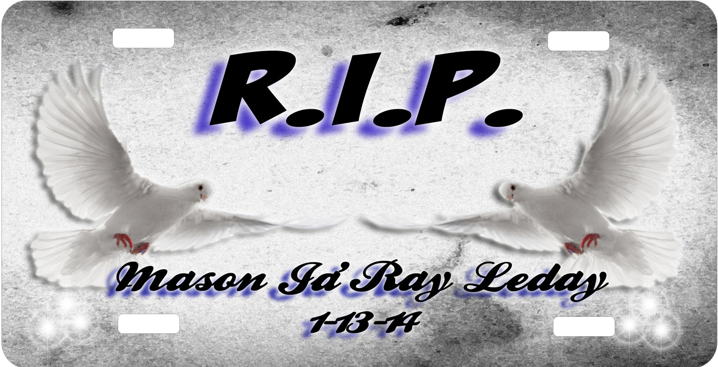 RIP Dove License Plate - Custom Memorial Sublimation Plate | 10 Colors
