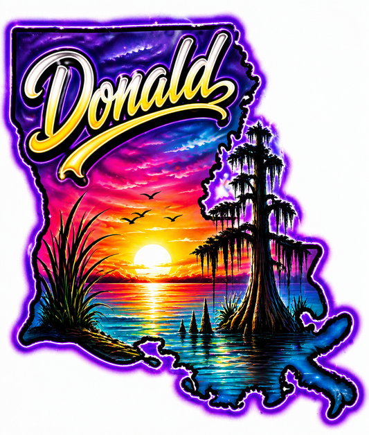 Louisiana Bayou Sunset Airbrush DTF T-Shirt - Custom Name and State Pride Shirt