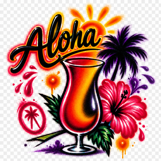 Aloha Tropical Airbrush DTF T-Shirt - Hawaii Beach Summer Festival Shirt