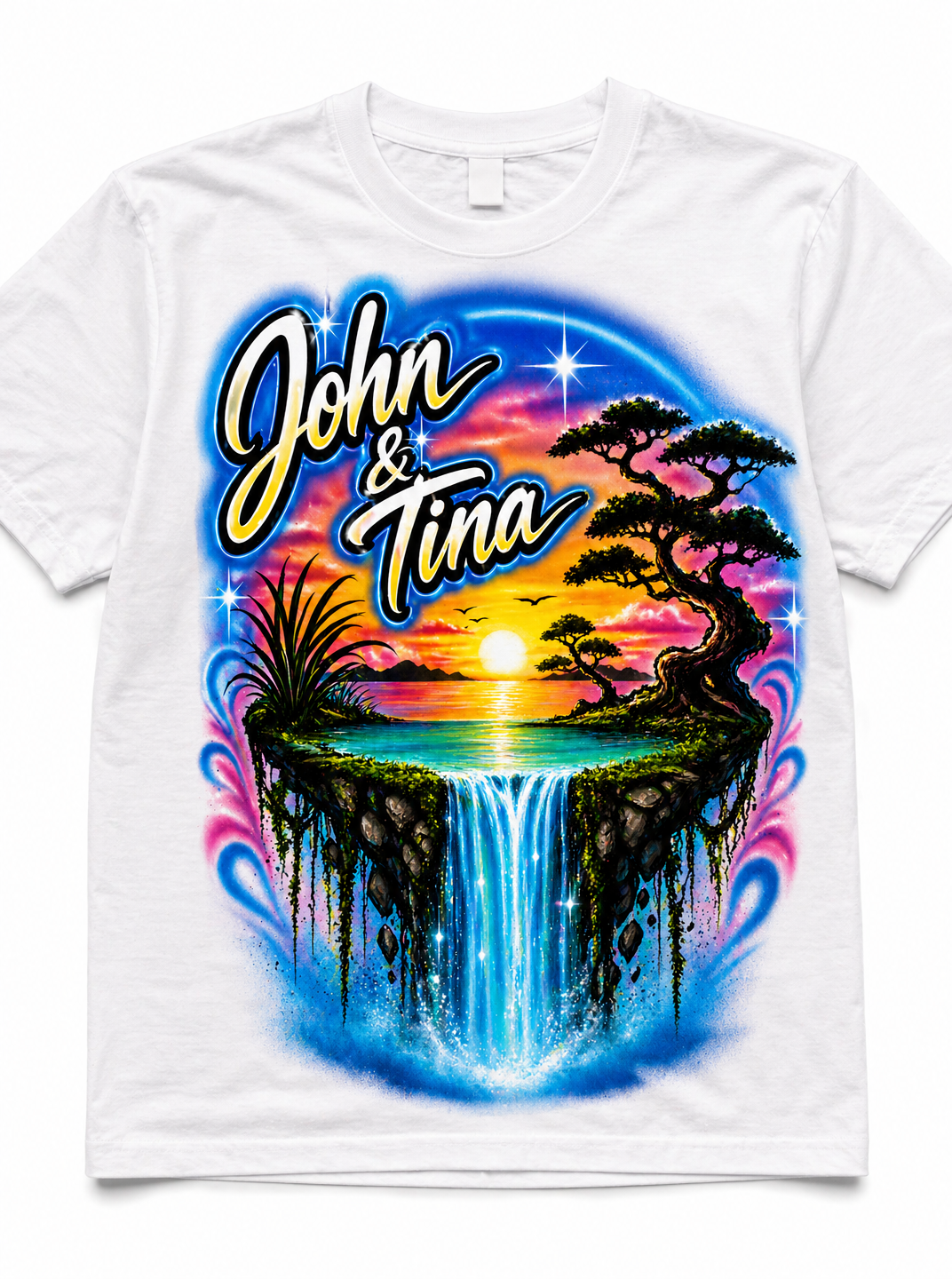 Couples Sunset Island Airbrush DTF T-Shirt - Custom Names | Festival Anniversary Gift