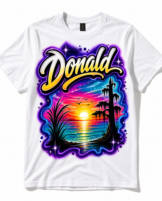 Bayou Sunset Name T-Shirt - Custom Airbrush DTF | Personalized Louisiana Southern Gift