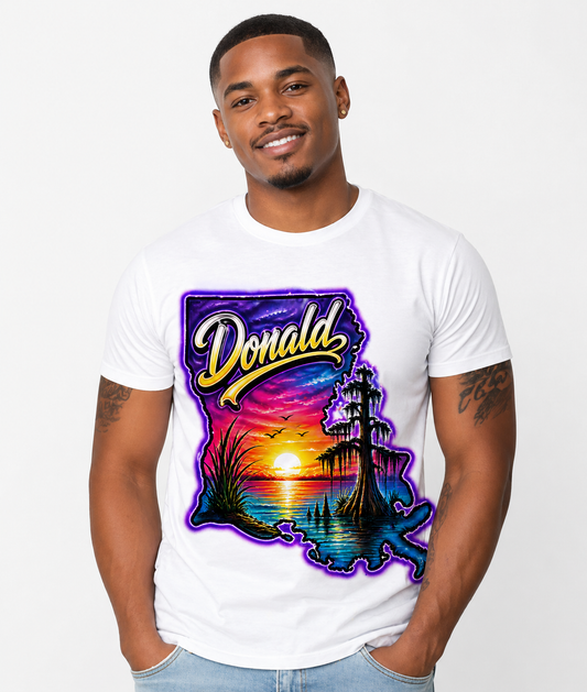 Louisiana Bayou Sunset Airbrush DTF T-Shirt - Custom Name and State Pride Shirt