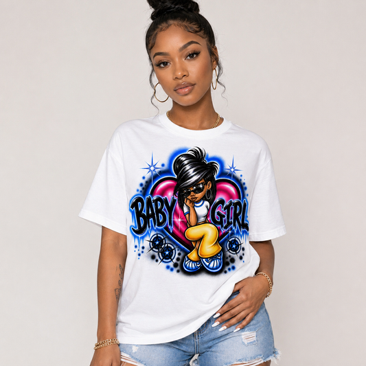 Baby Girl Airbrush DTF T-Shirt - Urban Street Art Graphic Tee for Women