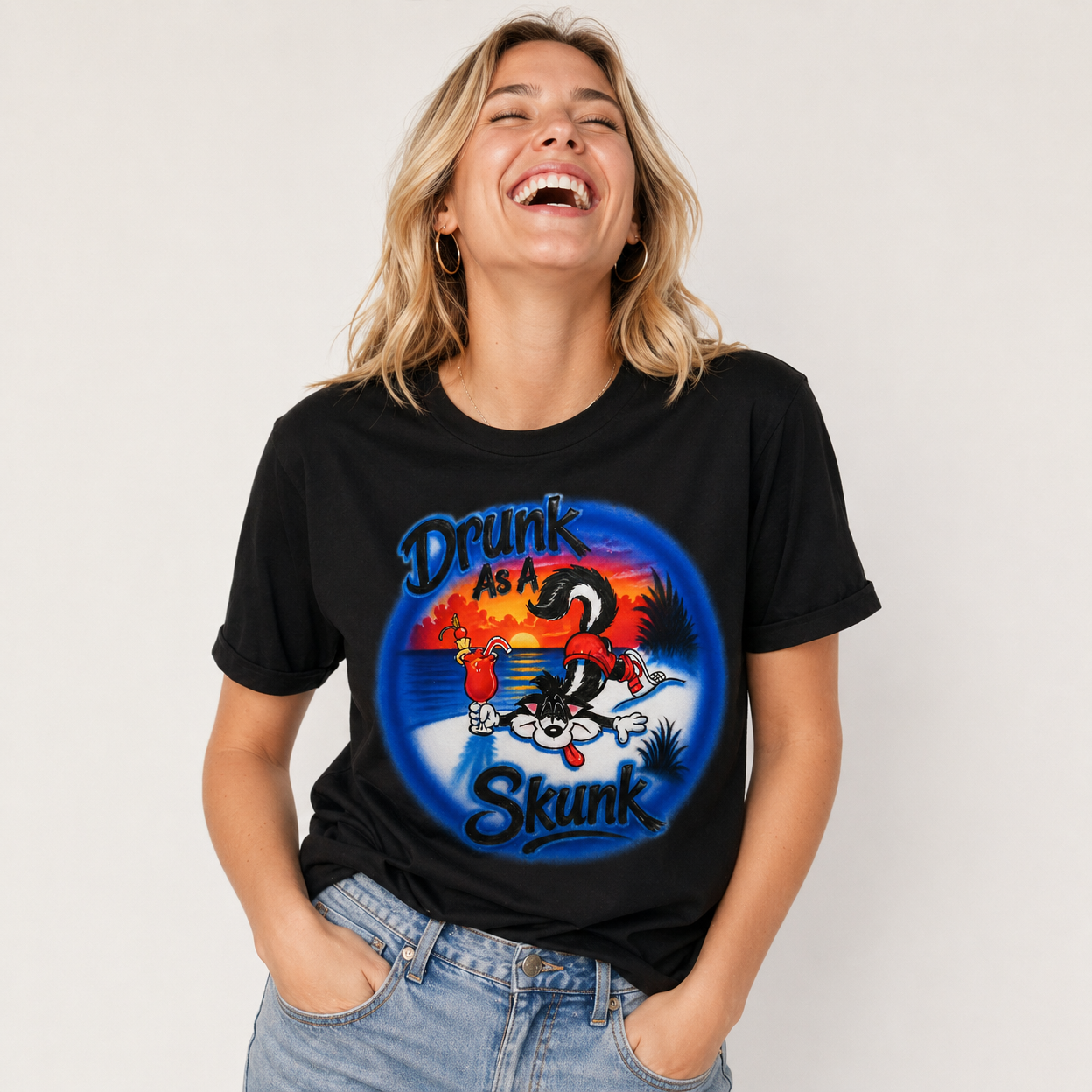 Drunk As A Skunk Airbrush DTF T-Shirt - Funny Beach Party Drinking Shirt
