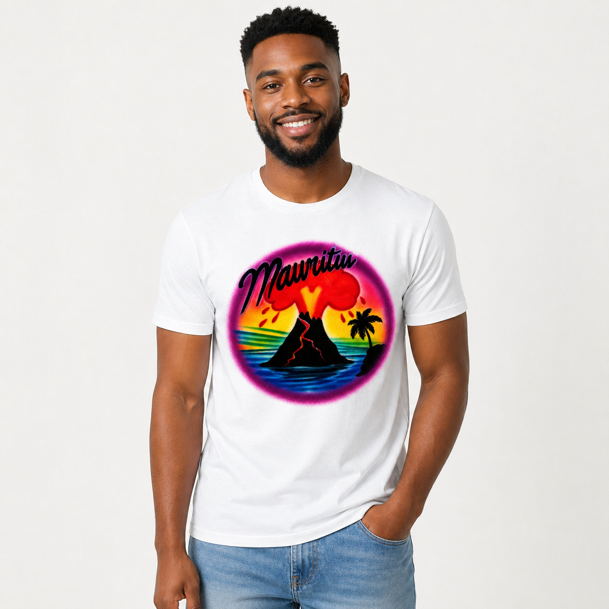 Mauritiu Volcano Island Airbrush DTF T-Shirt - Custom Name Tropical Beach Shirt