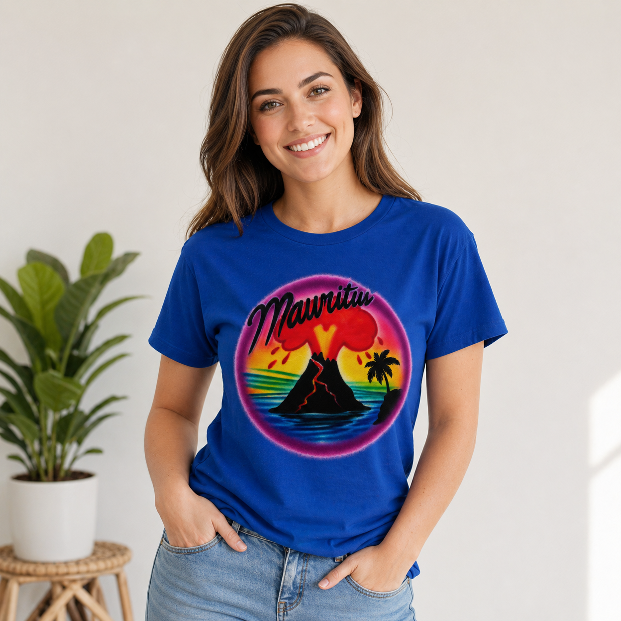 Mauritiu Volcano Island Airbrush DTF T-Shirt - Custom Name Tropical Beach Shirt