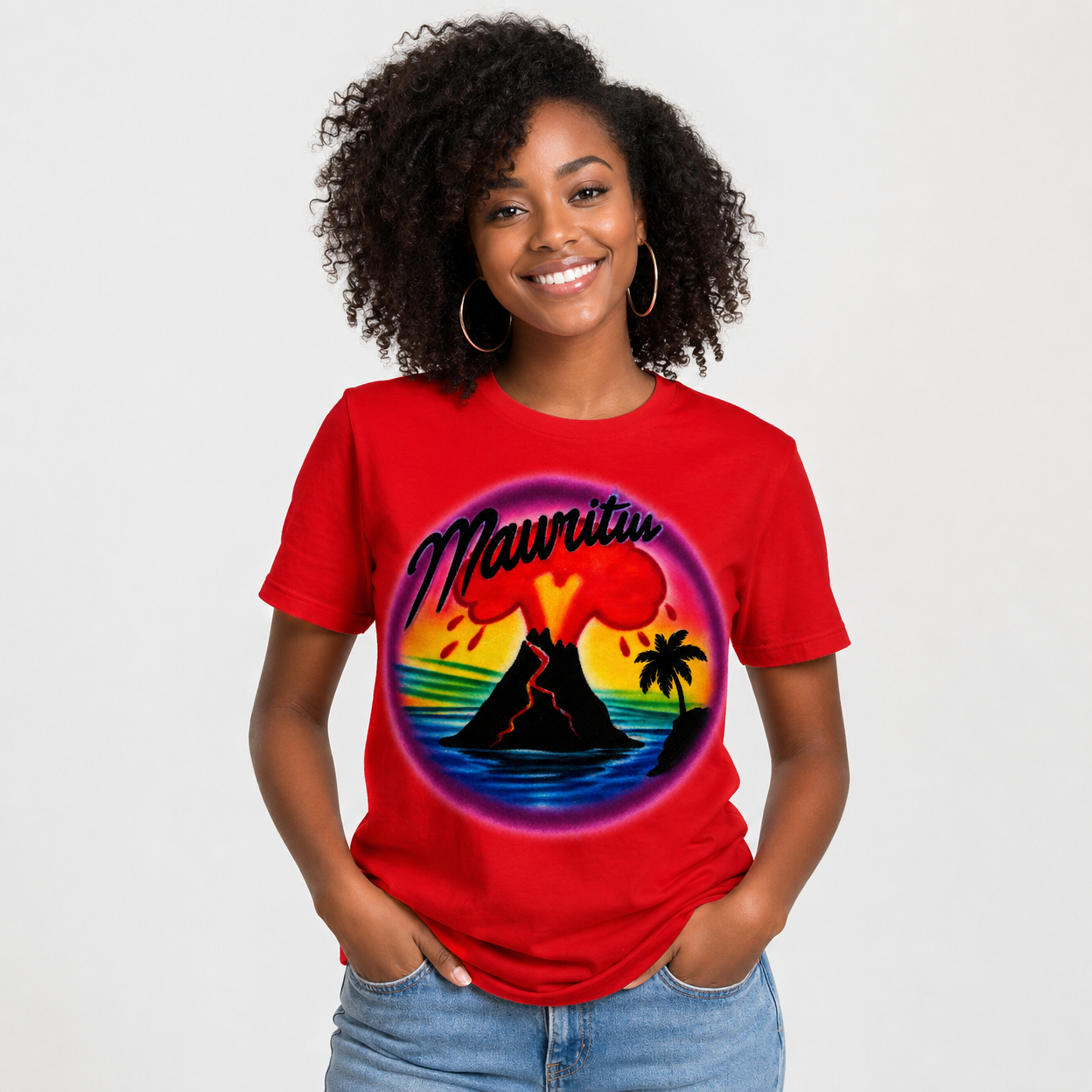 Mauritiu Volcano Island Airbrush DTF T-Shirt - Custom Name Tropical Beach Shirt