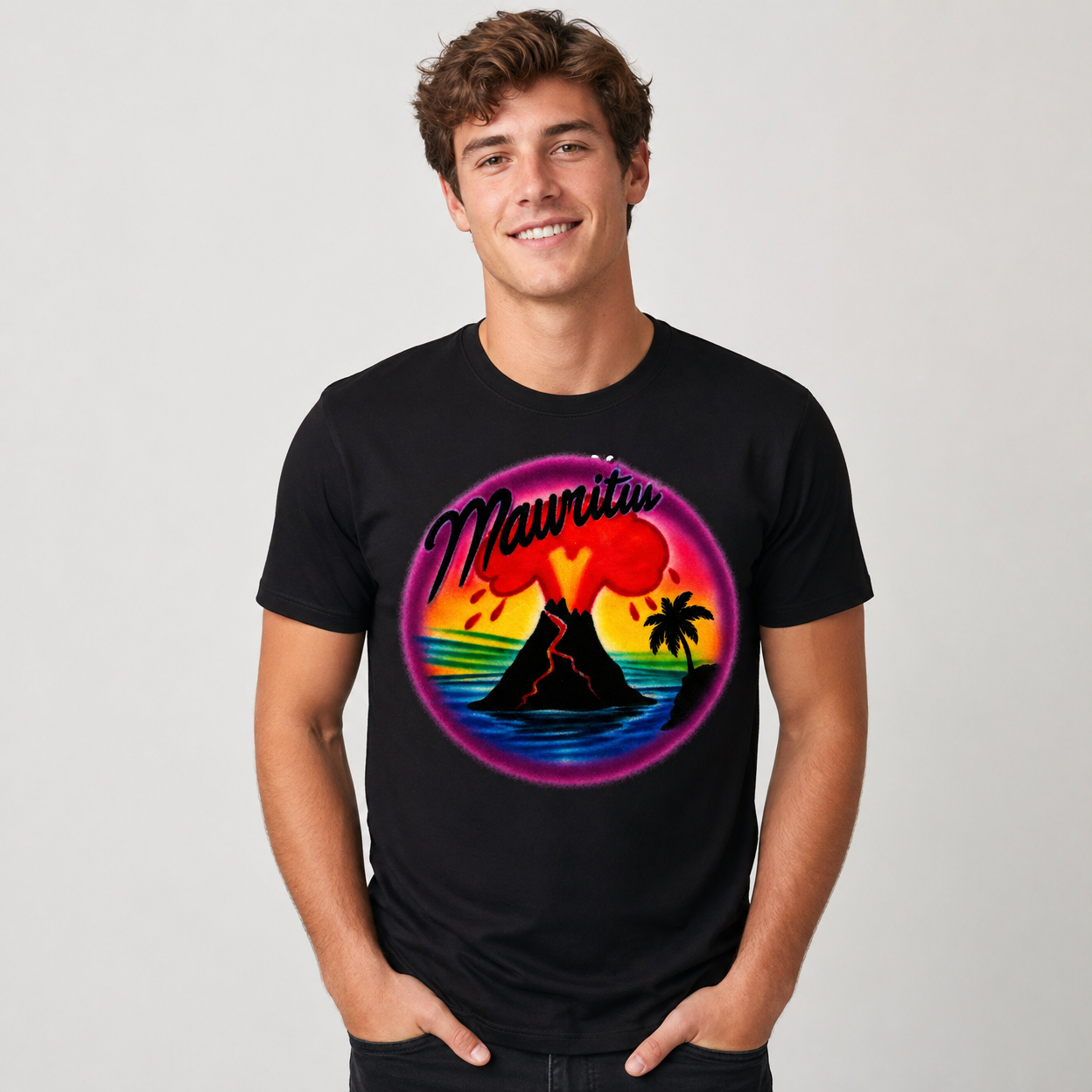 Mauritiu Volcano Island Airbrush DTF T-Shirt - Custom Name Tropical Beach Shirt