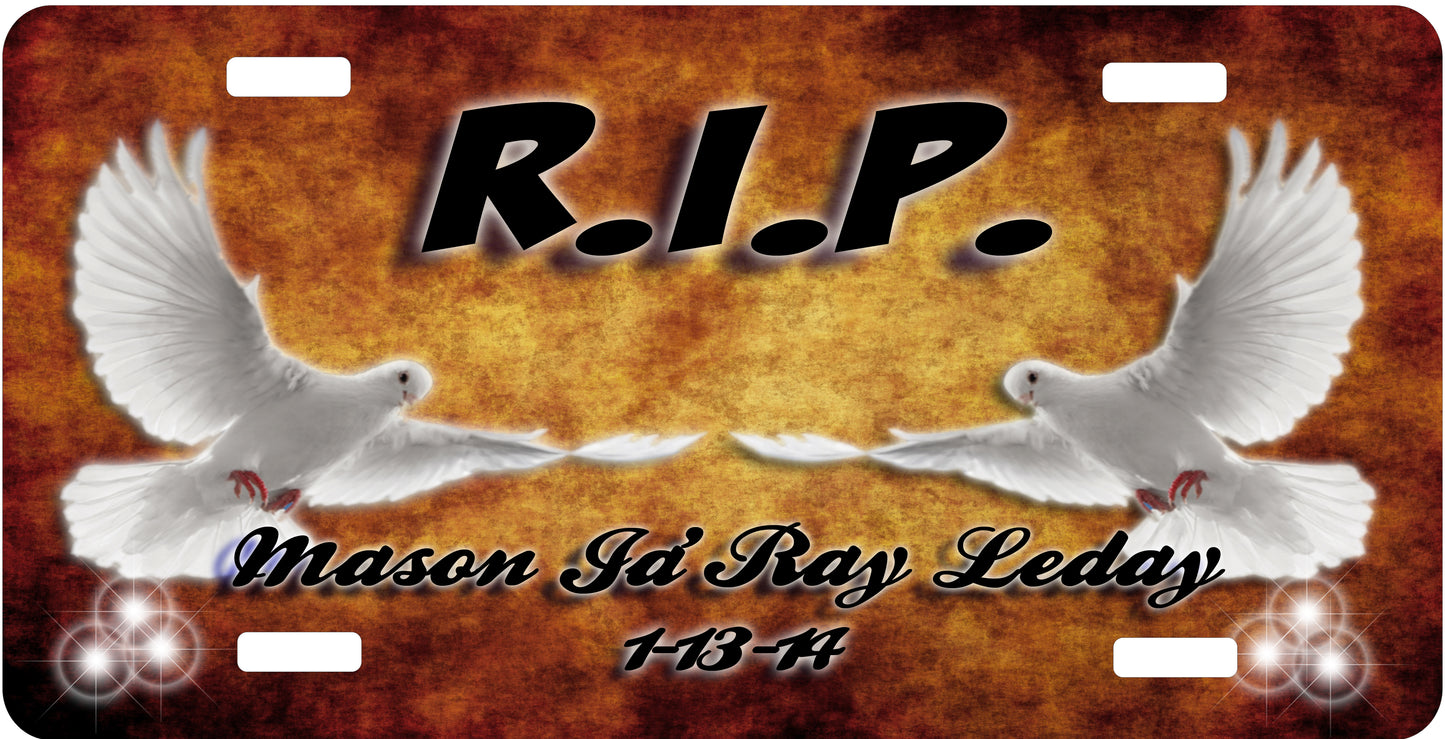 RIP Dove License Plate - Custom Memorial Sublimation Plate | 10 Colors