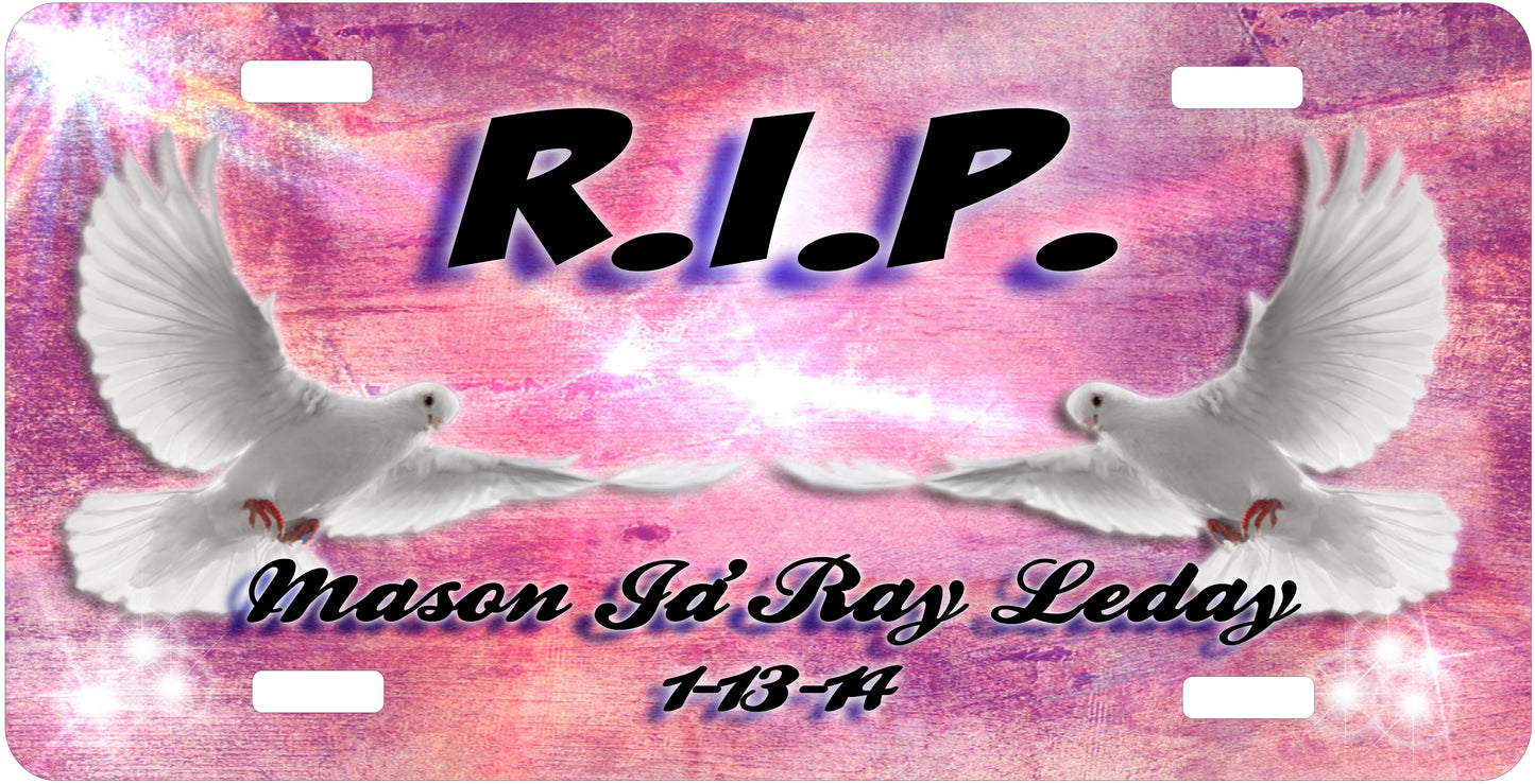 RIP Dove License Plate - Custom Memorial Sublimation Plate | 10 Colors