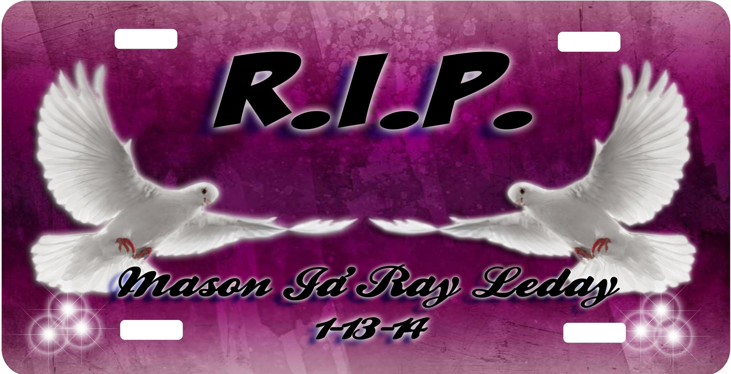 RIP Dove License Plate - Custom Memorial Sublimation Plate | 10 Colors