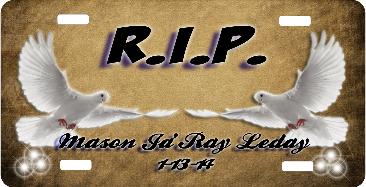 RIP Dove License Plate - Custom Memorial Sublimation Plate | 10 Colors